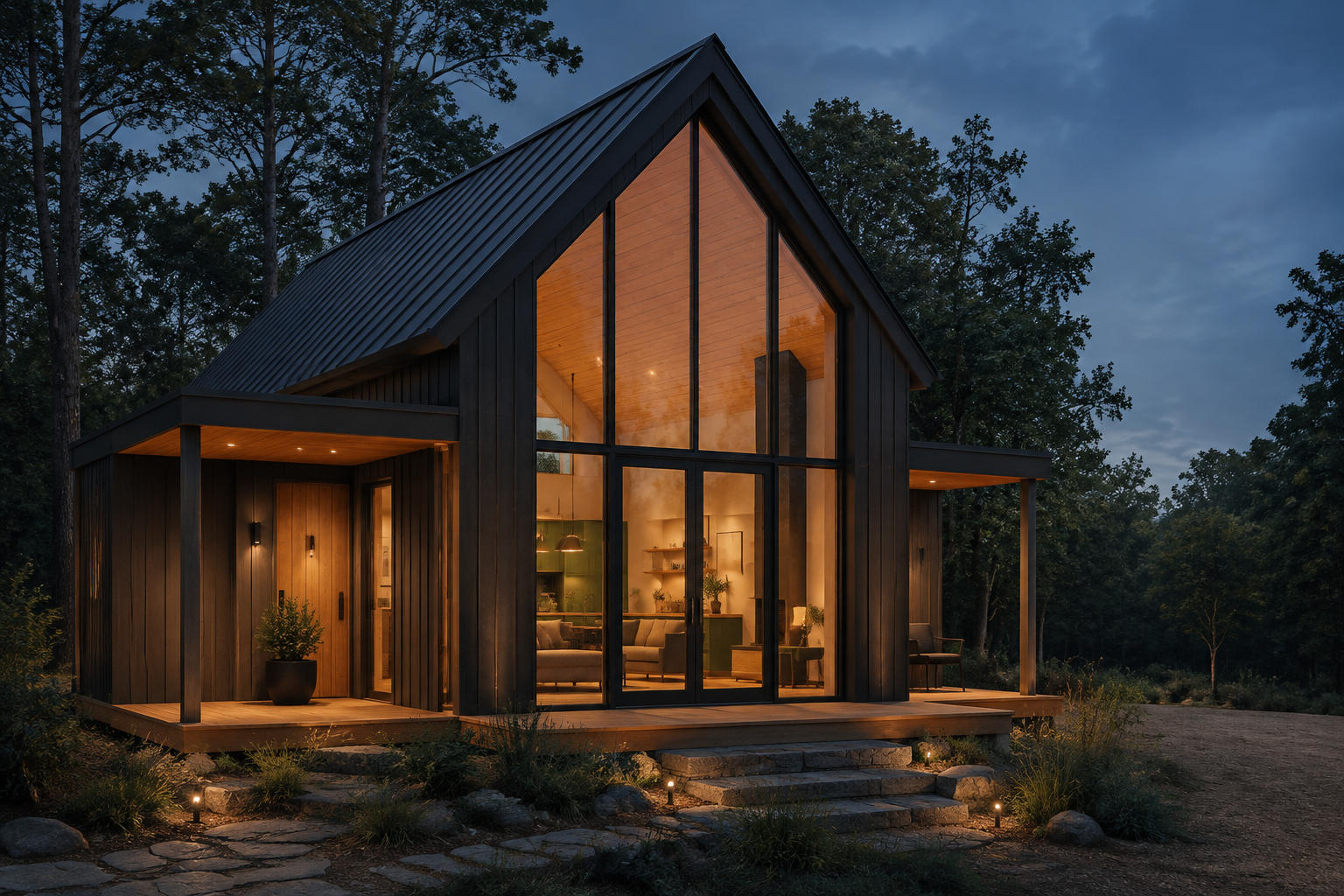 Concept rendering of The Lantern: a charcoal cabin with a tall glazed gable, warm wood, and illuminated interiors at dusk
