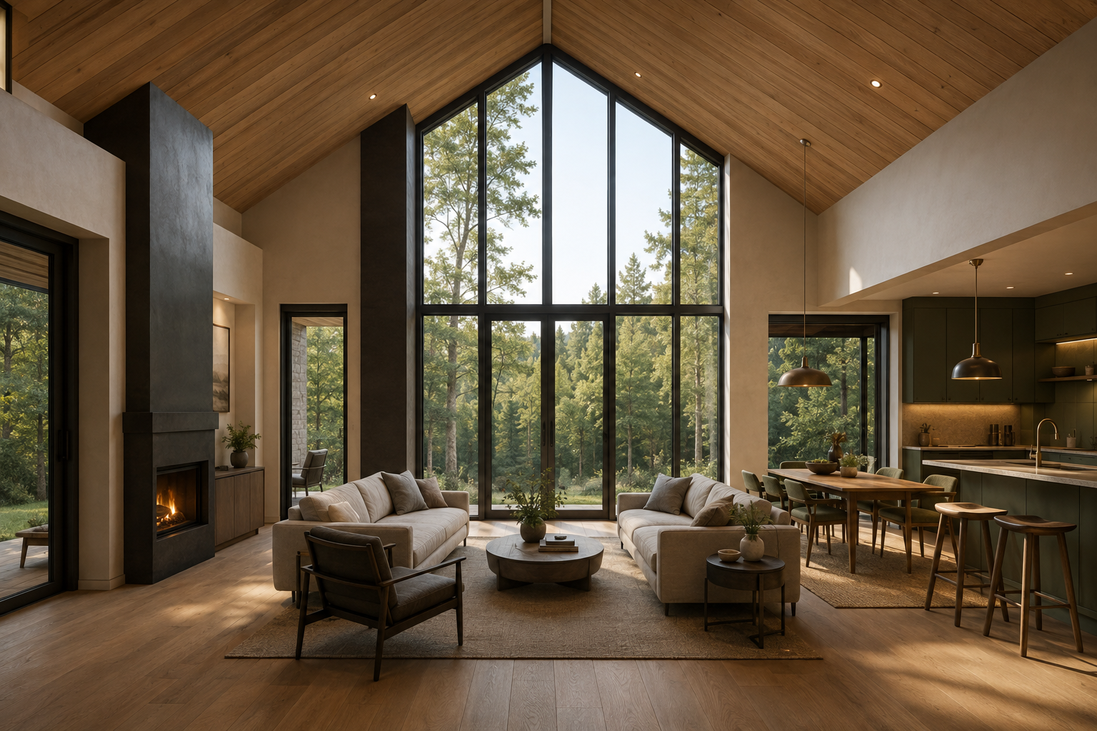 Concept visualization of The Lantern’s cedar-vaulted great room facing the full-height glazed gable
