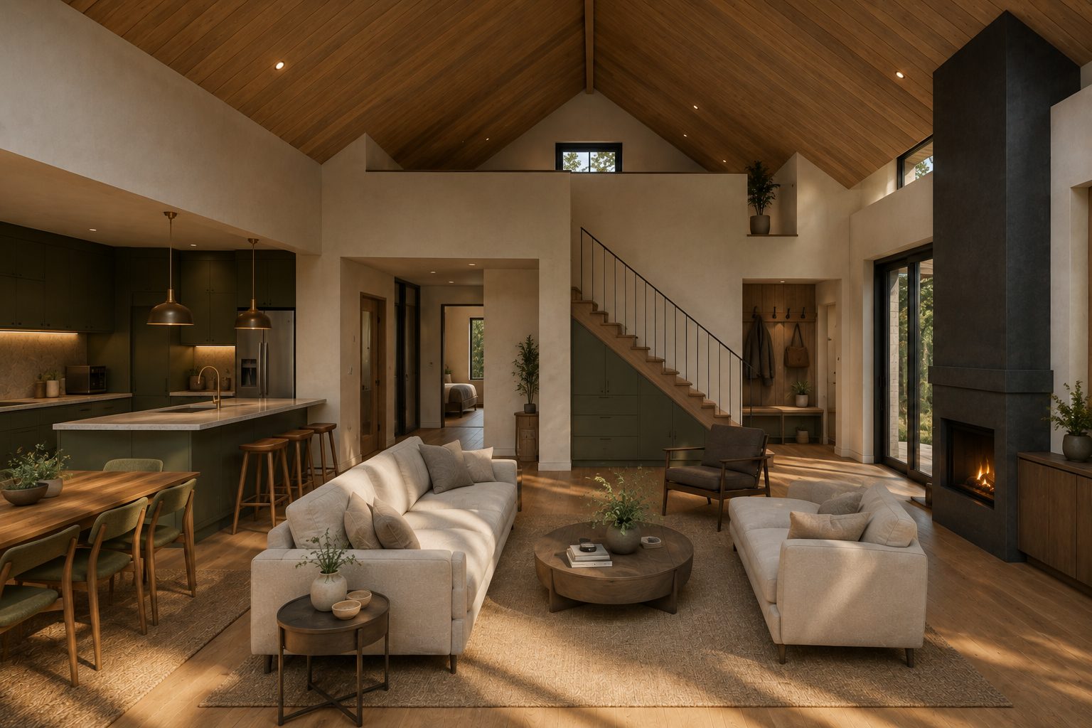 Concept visualization showing The Lantern’s olive kitchen, straight stair, loft edge, and warm natural finishes
